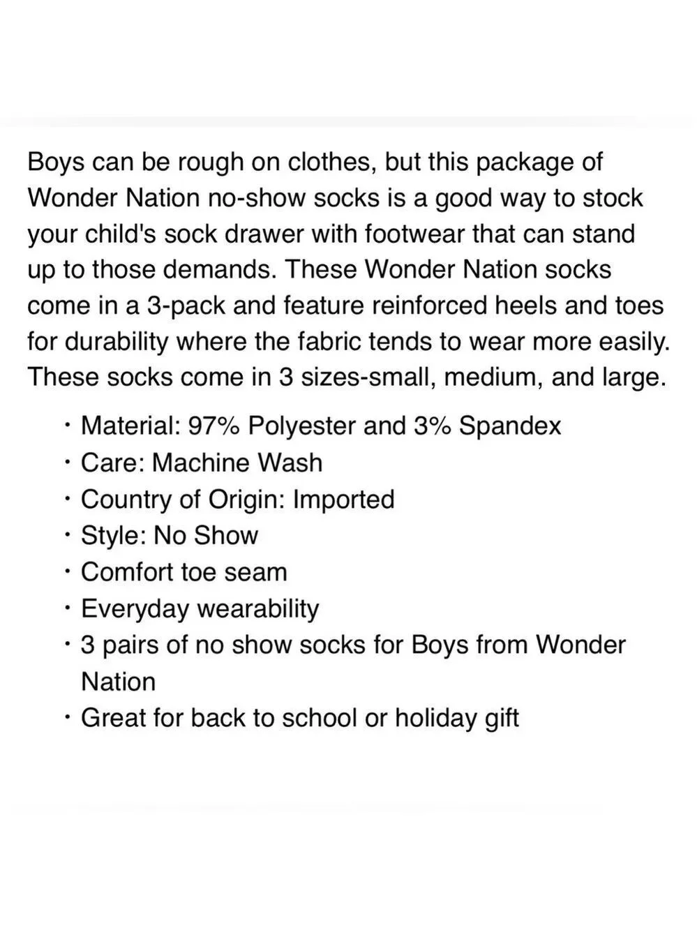 Wonder Nation BOYS 3-Pair Pack Black No-Show Socks Size Medium 9-2.5 BNWT